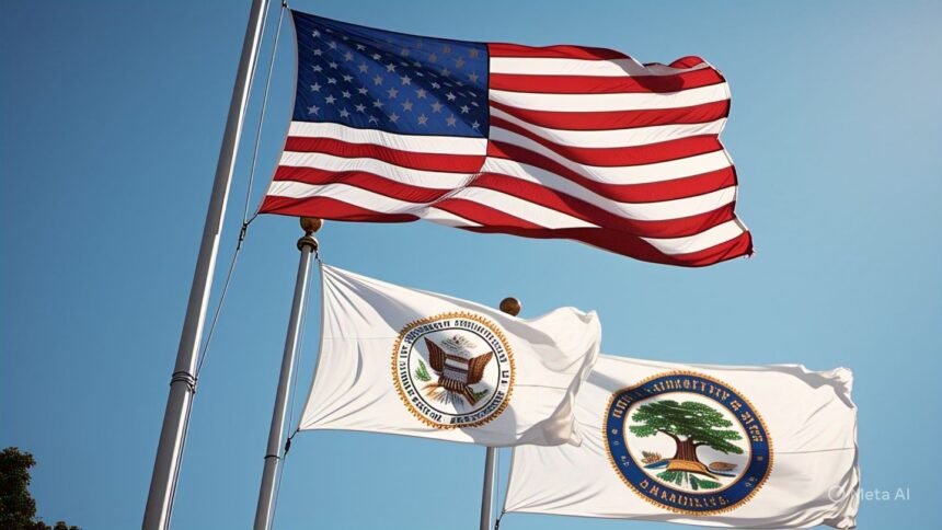 Illustration showing What is the Role of the US. Department of Education?, building with Donald Trump signing an executive order to dismantle it, students in the background, and books scattered, symbolizing educational policy changes.