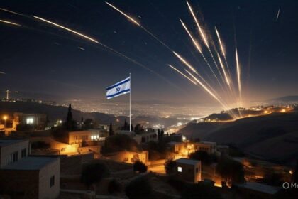 Iran Launches Two Overnight Missile Attacks on Israel with visible missile trails over a peaceful hillside town. Israeli air defenses intercept incoming threats.