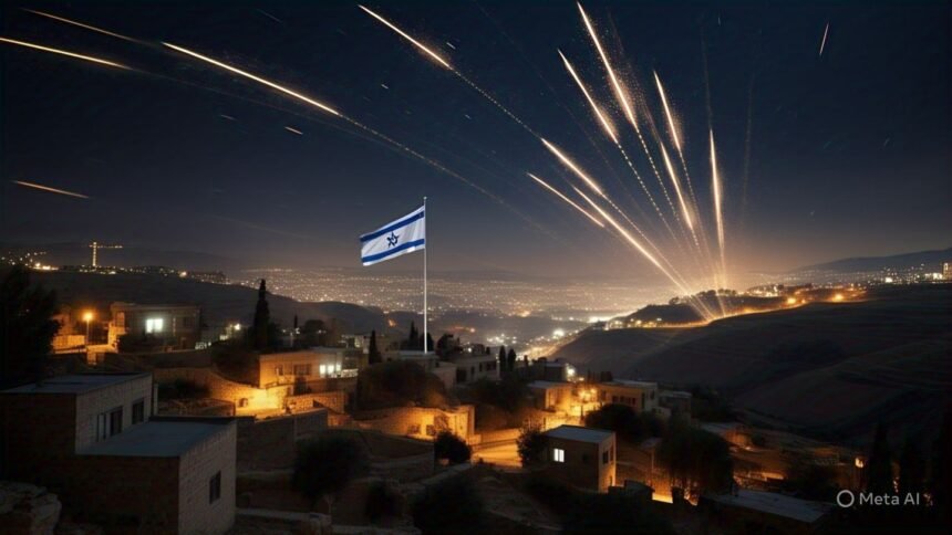 Iran Launches Two Overnight Missile Attacks on Israel with visible missile trails over a peaceful hillside town. Israeli air defenses intercept incoming threats.